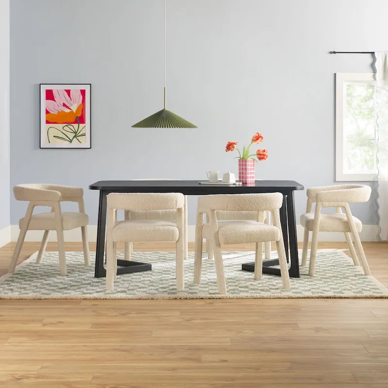 Set tavolo da pranzo in bouclé nero/avorio, stile moderno, 6 posti a sedere