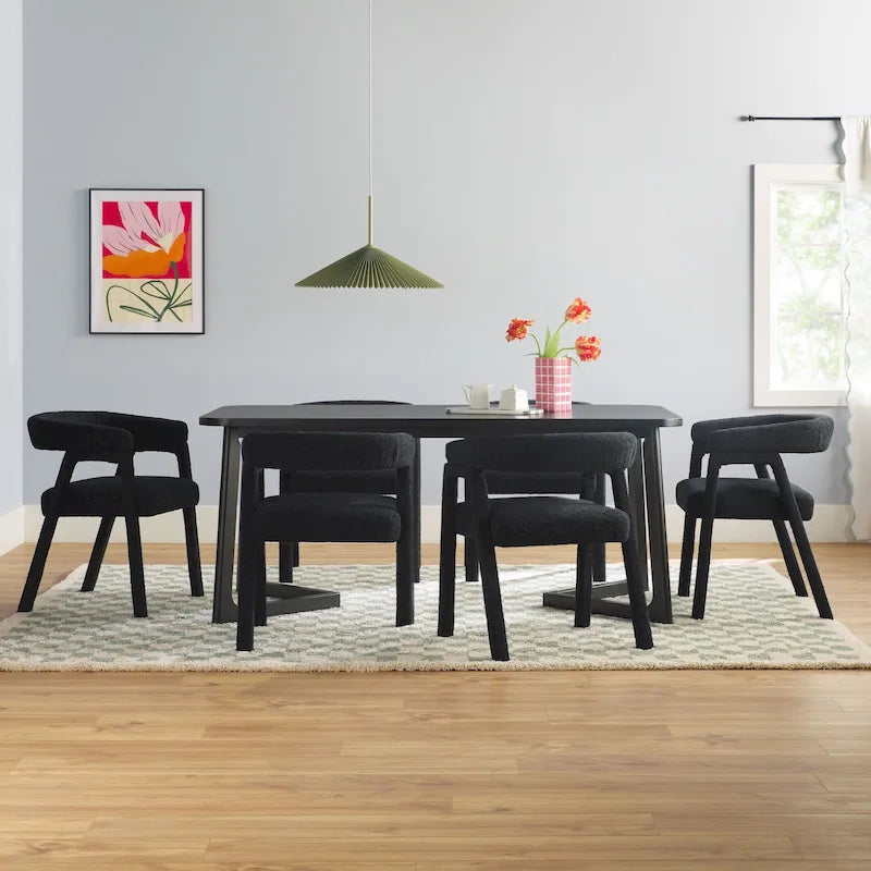 Set tavolo da pranzo in bouclé nero/avorio, stile moderno, 6 posti a sedere