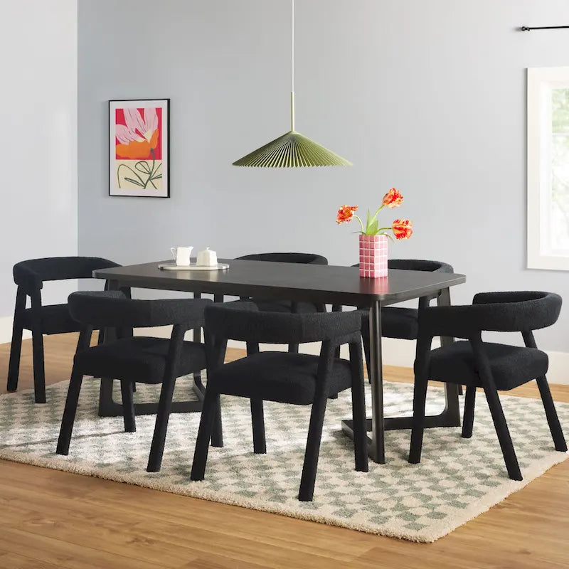 Set tavolo da pranzo in bouclé nero/avorio, stile moderno, 6 posti a sedere