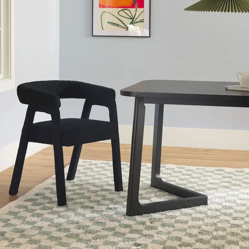 Set tavolo da pranzo in bouclé nero/avorio, stile moderno, 6 posti a sedere