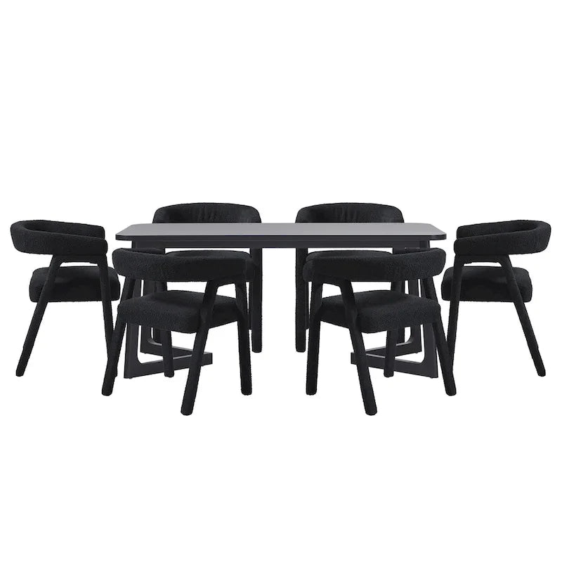 Set tavolo da pranzo in bouclé nero/avorio, stile moderno, 6 posti a sedere
