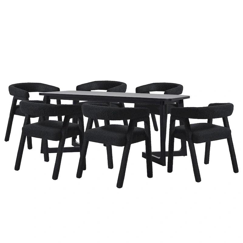 Set tavolo da pranzo in bouclé nero/avorio, stile moderno, 6 posti a sedere