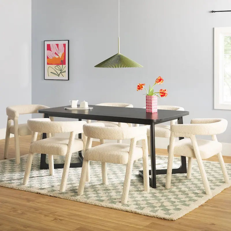 Set tavolo da pranzo in bouclé nero/avorio, stile moderno, 6 posti a sedere