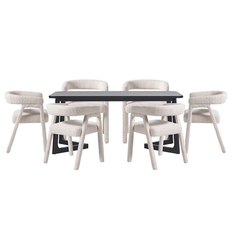 Set tavolo da pranzo in bouclé nero/avorio, stile moderno, 6 posti a sedere