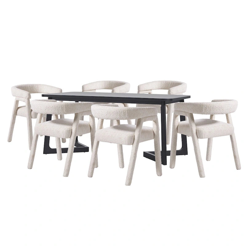Set tavolo da pranzo in bouclé nero/avorio, stile moderno, 6 posti a sedere