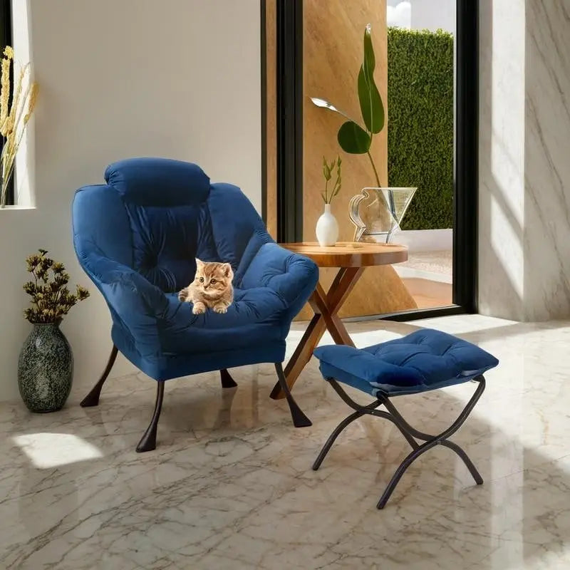 Poltrona in velluto con pouf pieghevole – Blu scuro / Verde / Marrone / Grigio – 1 Posto