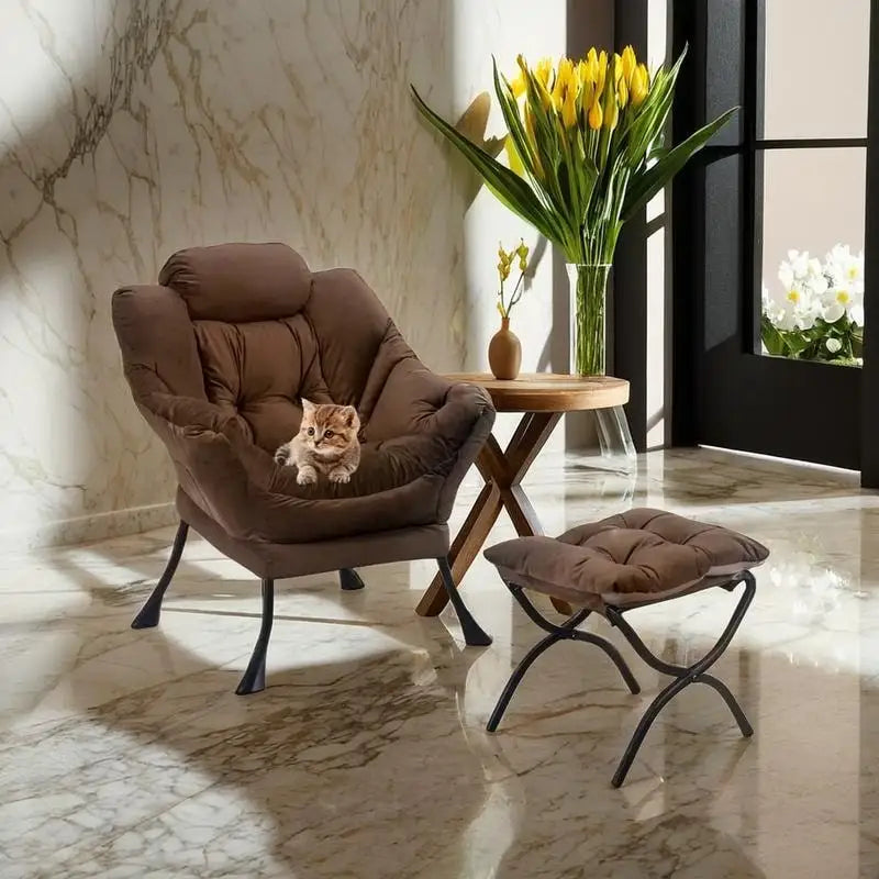 Poltrona in velluto con pouf pieghevole – Blu scuro / Verde / Marrone / Grigio – 1 Posto