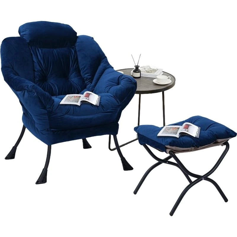 Poltrona in velluto con pouf pieghevole – Blu scuro / Verde / Marrone / Grigio – 1 Posto