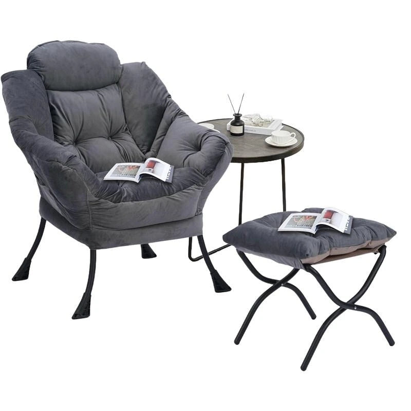 Poltrona in velluto con pouf pieghevole – Blu scuro / Verde / Marrone / Grigio – 1 Posto
