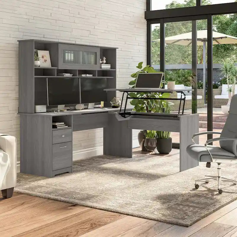 Scrivania per computer grigia/bianca con cassetti, 1 persona