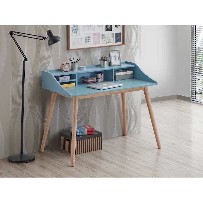 Scrivania Mid-Century Blu con Alzata, 1 Posto