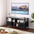 Mobile TV nero con cassetti in tessuto e ripiani aperti, adatto per TV fino a 50", 42"