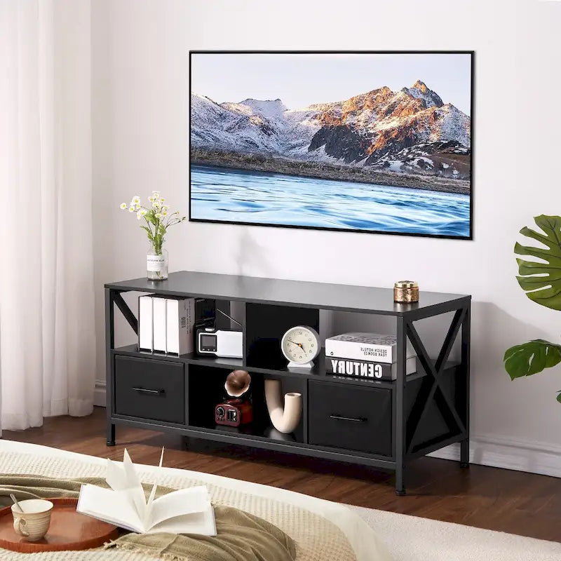 Mobile TV nero con cassetti in tessuto e ripiani aperti, adatto per TV fino a 50", 42"