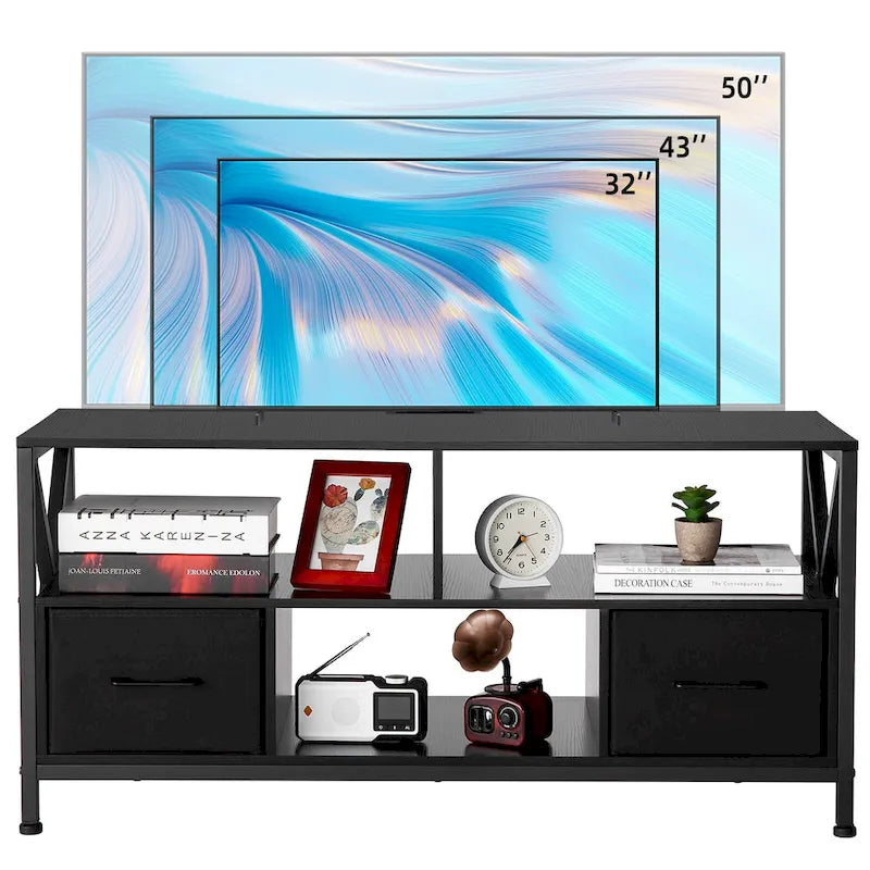 Mobile TV nero con cassetti in tessuto e ripiani aperti, adatto per TV fino a 50", 42"