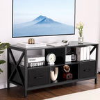 Mobile TV nero con cassetti in tessuto e ripiani aperti, adatto per TV fino a 50", 42"