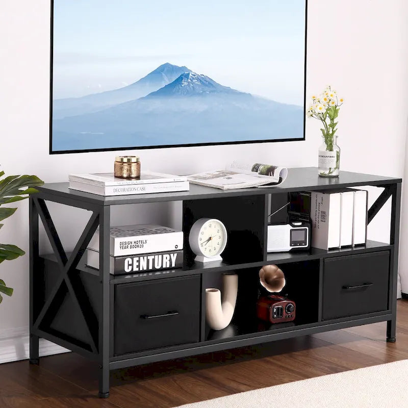 Mobile TV nero con cassetti in tessuto e ripiani aperti, adatto per TV fino a 50", 42"