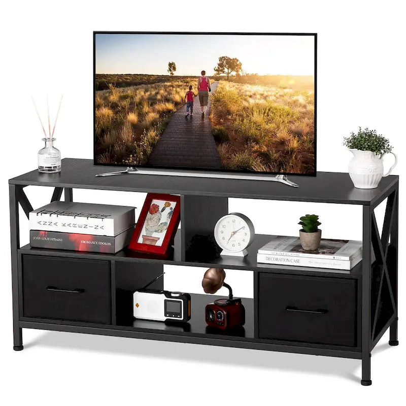 Mobile TV nero con cassetti in tessuto e ripiani aperti, adatto per TV fino a 50", 42"