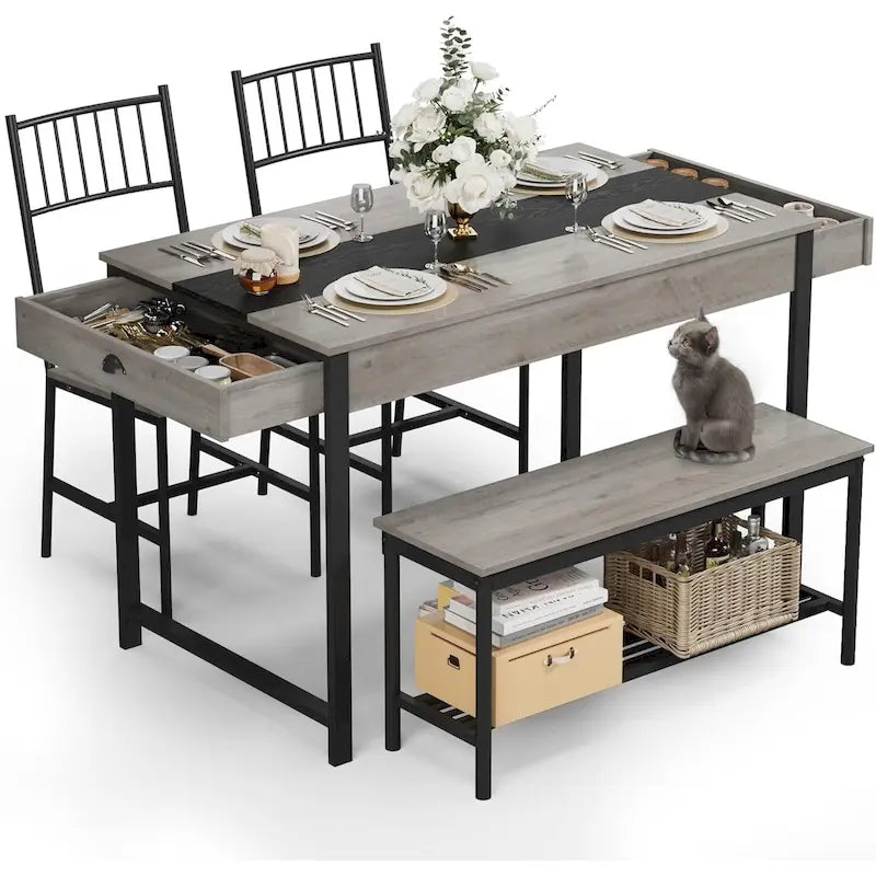 Set tavolo da pranzo grigio per 4 persone – Tavolo, 2 sedie e panca
