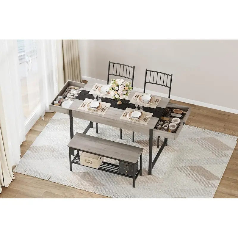 Set tavolo da pranzo grigio per 4 persone – Tavolo, 2 sedie e panca