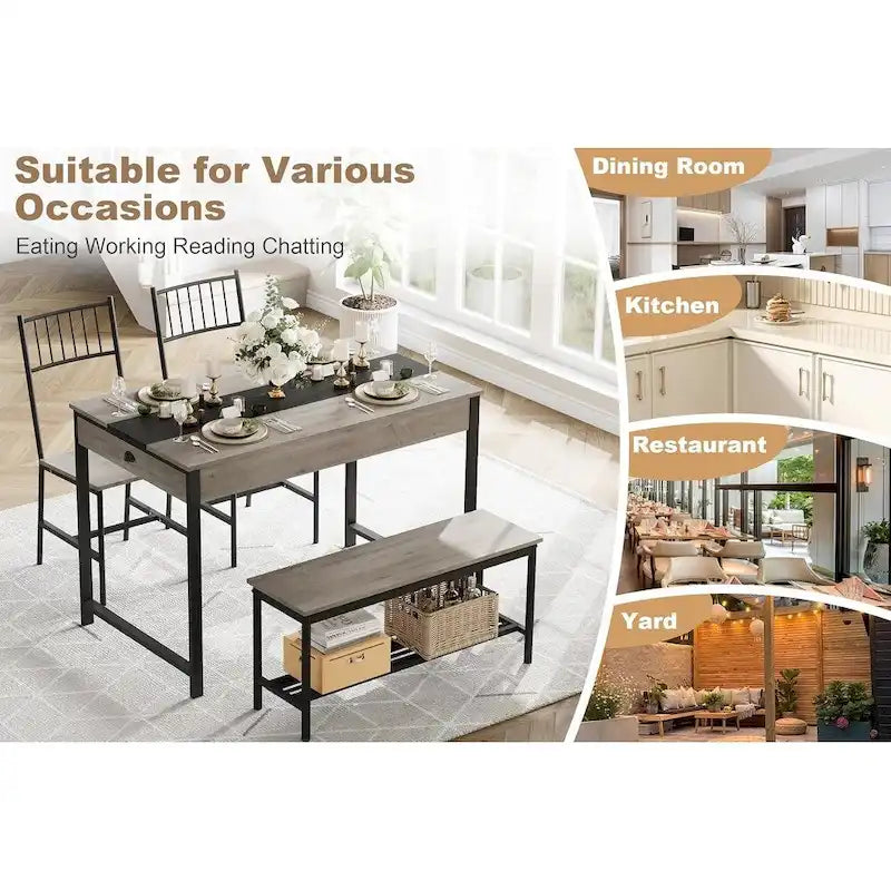 Set tavolo da pranzo grigio per 4 persone – Tavolo, 2 sedie e panca