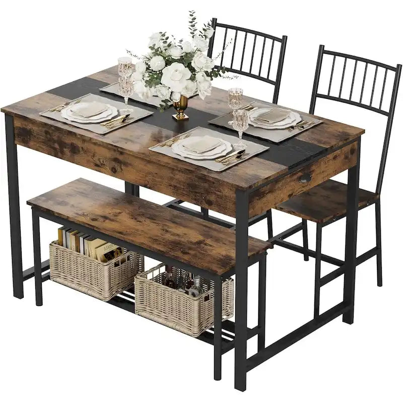 Set tavolo da pranzo grigio per 4 persone – Tavolo, 2 sedie e panca