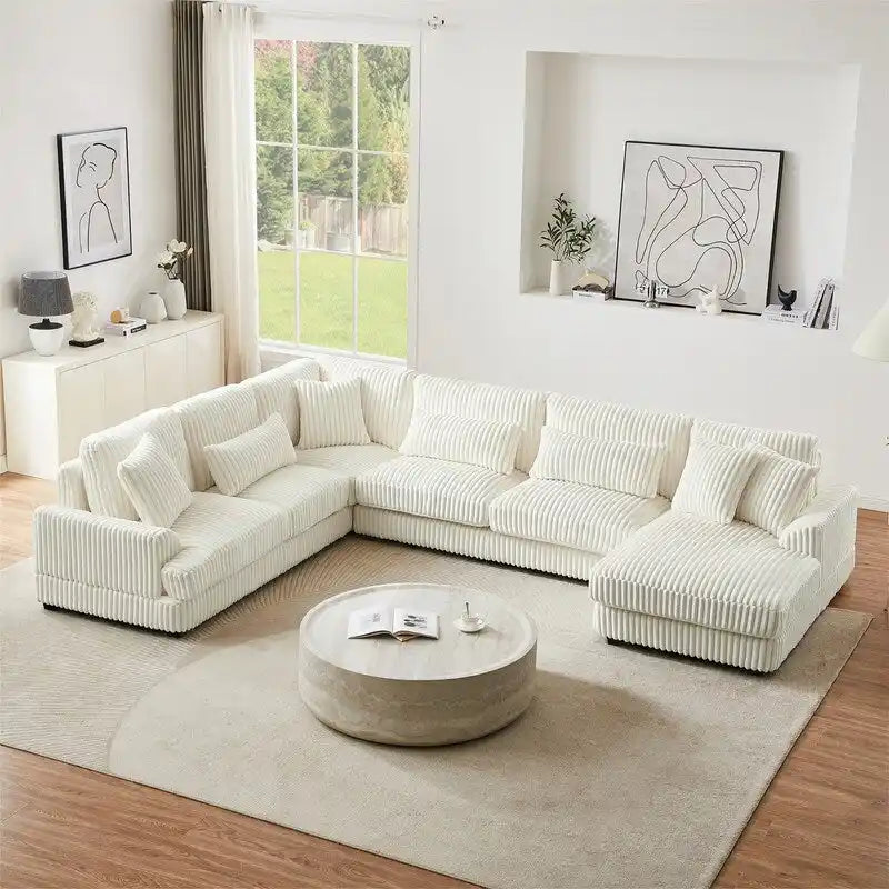 Divano Sezionale a U in Velluto a Coste Beige/Grigio con Chaise Longue, 5 Posti