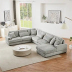 Divano Sezionale a U in Velluto a Coste Beige/Grigio con Chaise Longue, 5 Posti