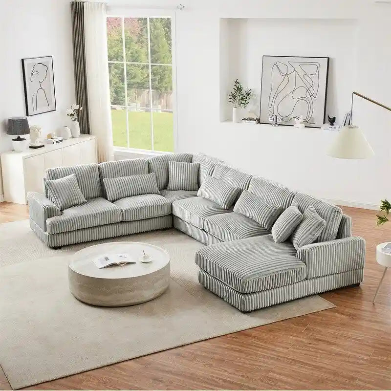 Divano Sezionale a U in Velluto a Coste Beige/Grigio con Chaise Longue, 5 Posti