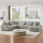 Divano Sezionale a U in Velluto a Coste Beige/Grigio con Chaise Longue, 5 Posti