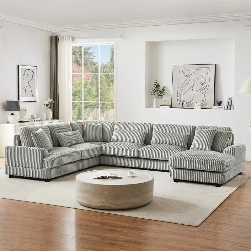 Divano Sezionale a U in Velluto a Coste Beige/Grigio con Chaise Longue, 5 Posti