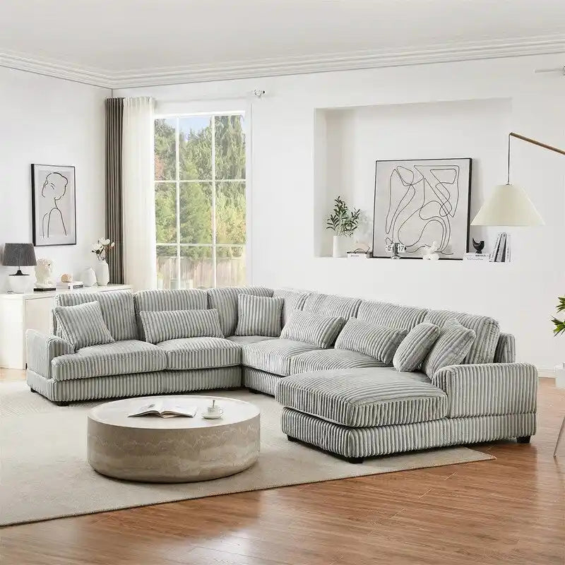 Divano Sezionale a U in Velluto a Coste Beige/Grigio con Chaise Longue, 5 Posti