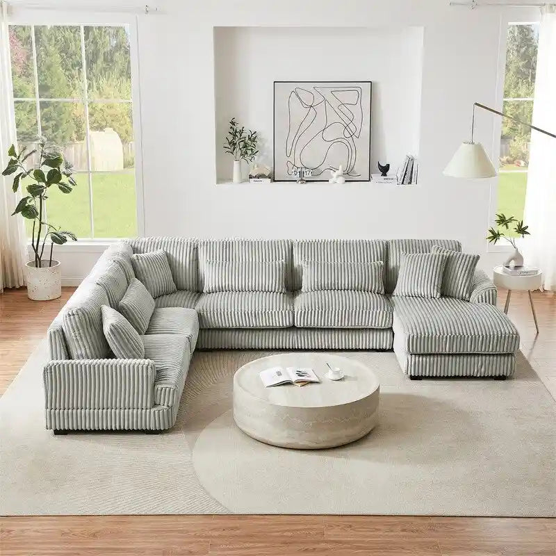 Divano Sezionale a U in Velluto a Coste Beige/Grigio con Chaise Longue, 5 Posti