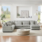 Divano Sezionale a U in Velluto a Coste Beige/Grigio con Chaise Longue, 5 Posti