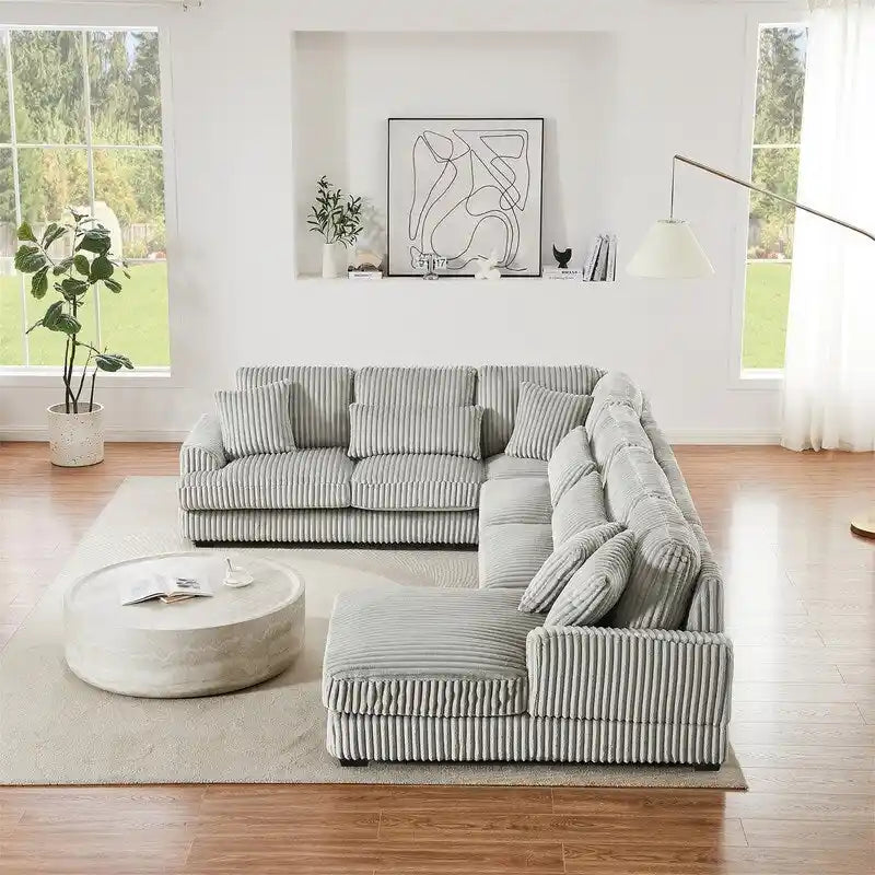 Divano Sezionale a U in Velluto a Coste Beige/Grigio con Chaise Longue, 5 Posti