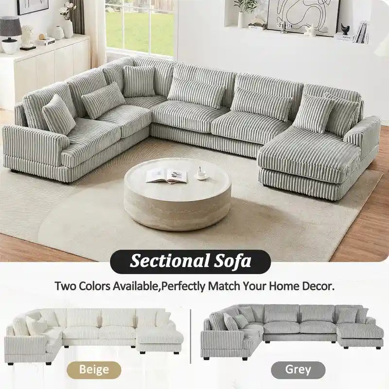 Divano Sezionale a U in Velluto a Coste Beige/Grigio con Chaise Longue, 5 Posti