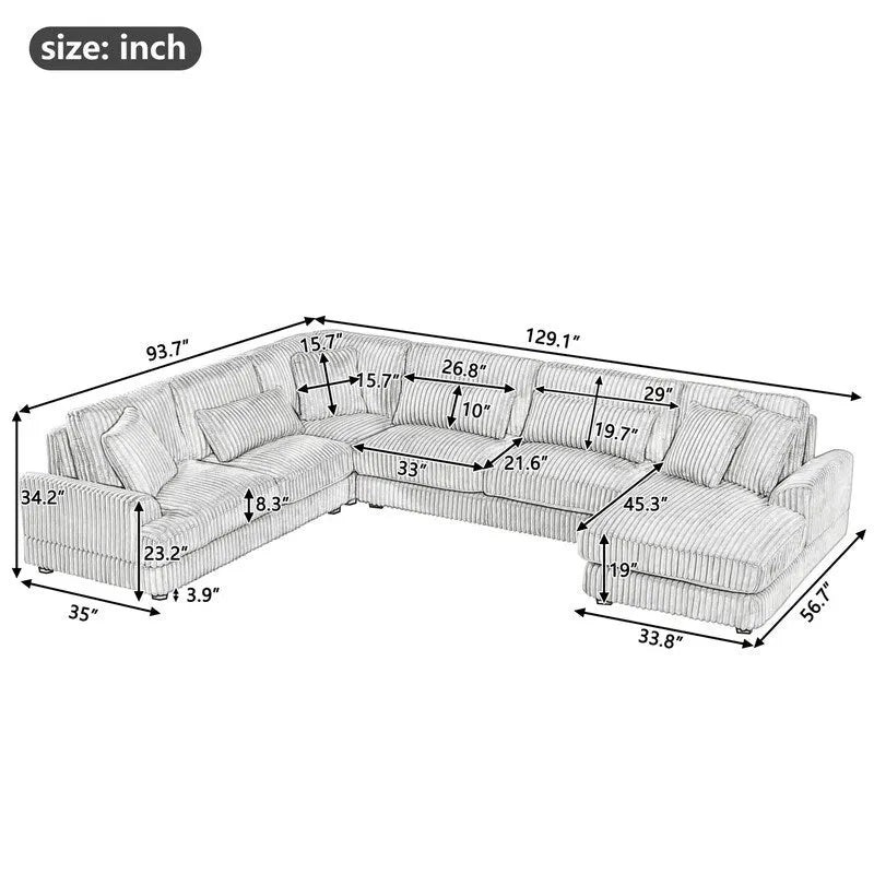 Divano Sezionale a U in Velluto a Coste Beige/Grigio con Chaise Longue, 5 Posti