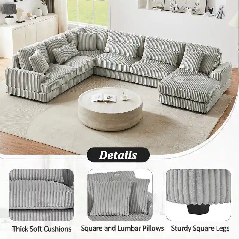 Divano Sezionale a U in Velluto a Coste Beige/Grigio con Chaise Longue, 5 Posti