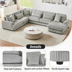Divano Sezionale a U in Velluto a Coste Beige/Grigio con Chaise Longue, 5 Posti