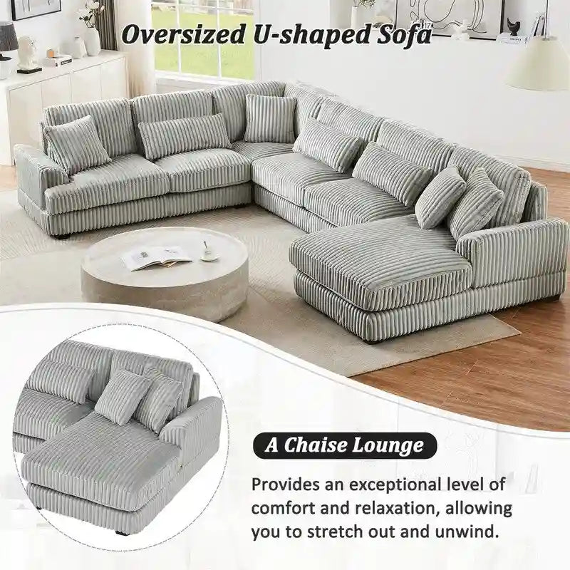 Divano Sezionale a U in Velluto a Coste Beige/Grigio con Chaise Longue, 5 Posti