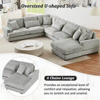 Divano Sezionale a U in Velluto a Coste Beige/Grigio con Chaise Longue, 5 Posti