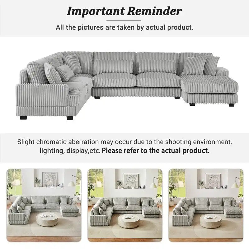 Divano Sezionale a U in Velluto a Coste Beige/Grigio con Chaise Longue, 5 Posti