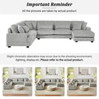 Divano Sezionale a U in Velluto a Coste Beige/Grigio con Chaise Longue, 5 Posti