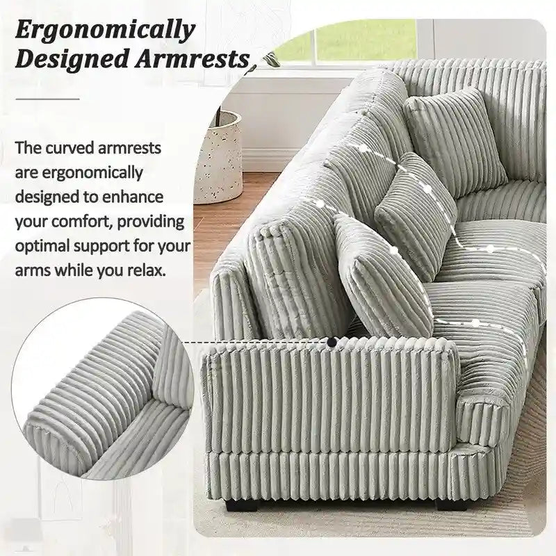 Divano Sezionale a U in Velluto a Coste Beige/Grigio con Chaise Longue, 5 Posti
