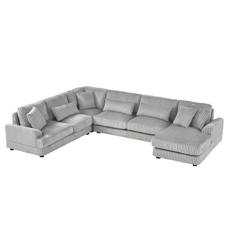 Divano Sezionale a U in Velluto a Coste Beige/Grigio con Chaise Longue, 5 Posti