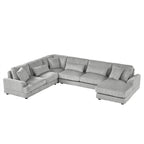 Divano Sezionale a U in Velluto a Coste Beige/Grigio con Chaise Longue, 5 Posti