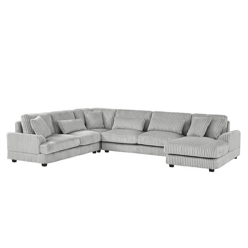 Divano Sezionale a U in Velluto a Coste Beige/Grigio con Chaise Longue, 5 Posti