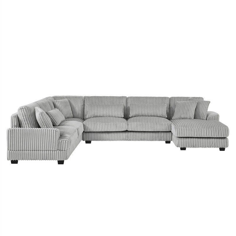 Divano Sezionale a U in Velluto a Coste Beige/Grigio con Chaise Longue, 5 Posti
