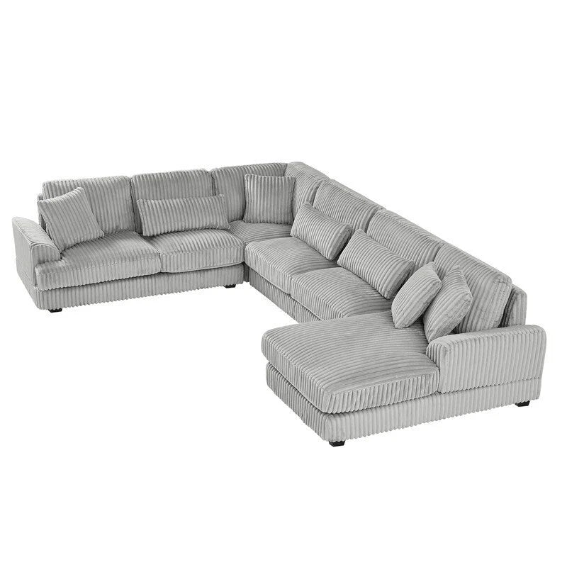Divano Sezionale a U in Velluto a Coste Beige/Grigio con Chaise Longue, 5 Posti