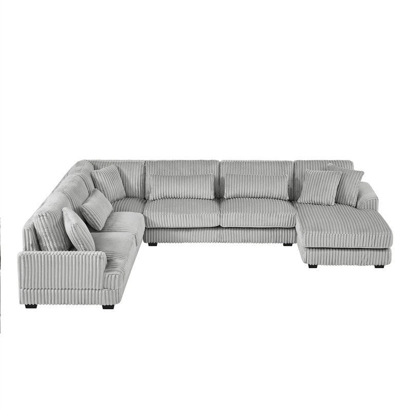 Divano Sezionale a U in Velluto a Coste Beige/Grigio con Chaise Longue, 5 Posti