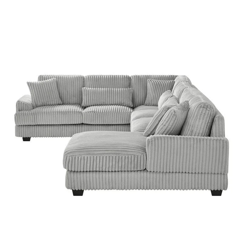 Divano Sezionale a U in Velluto a Coste Beige/Grigio con Chaise Longue, 5 Posti